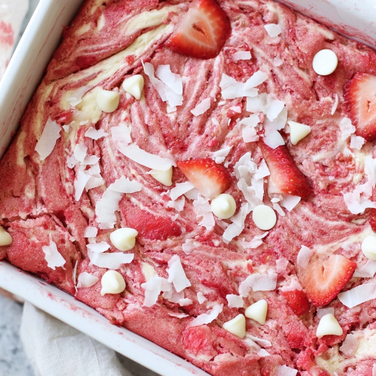 Gooey strawberry earthquake cake with cream cheese swirls, coconut, and white chocolate chips baked to golden perfection
