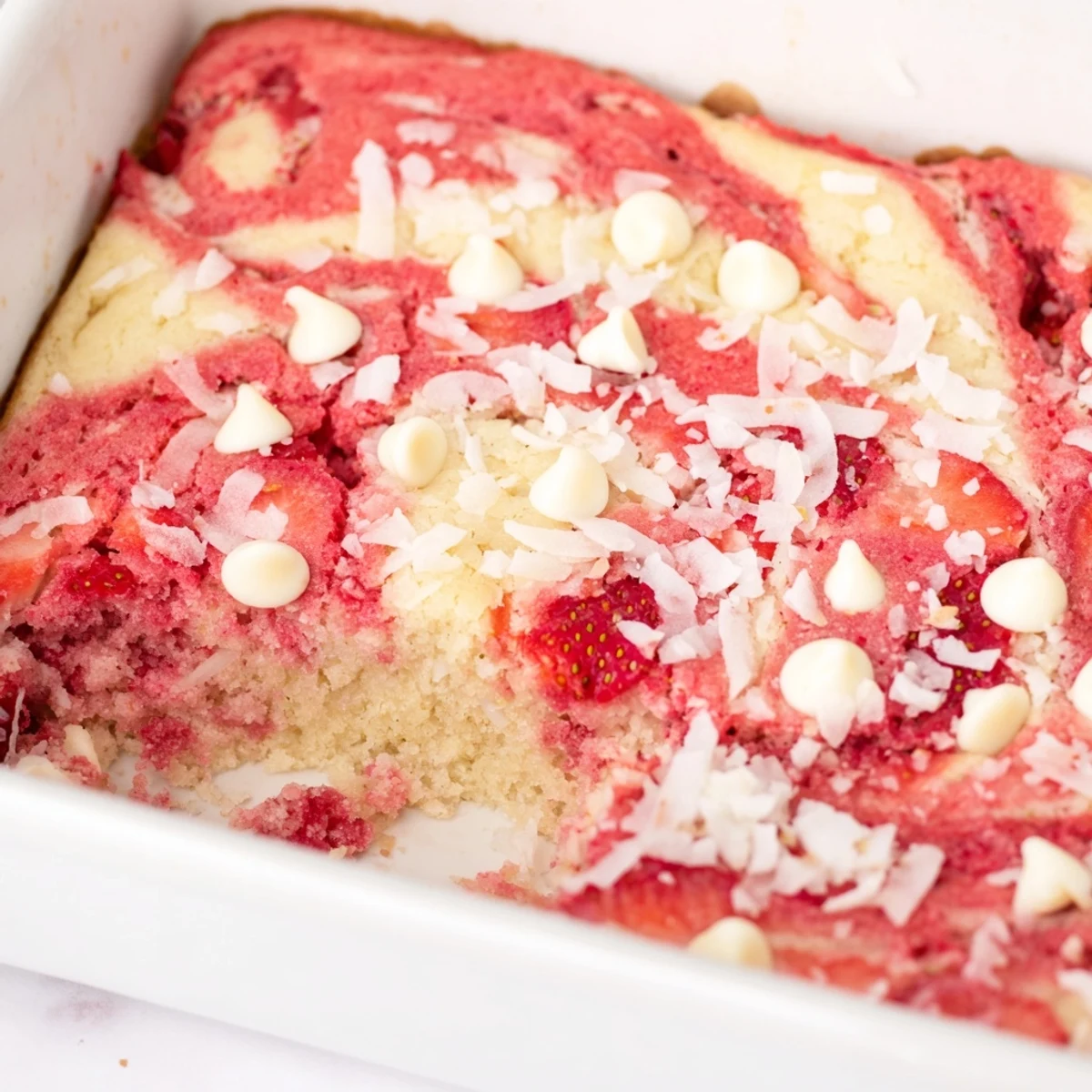 Decadent strawberry earthquake cake showcasing marbled cream cheese layers with fresh strawberries and shredded coconut topping