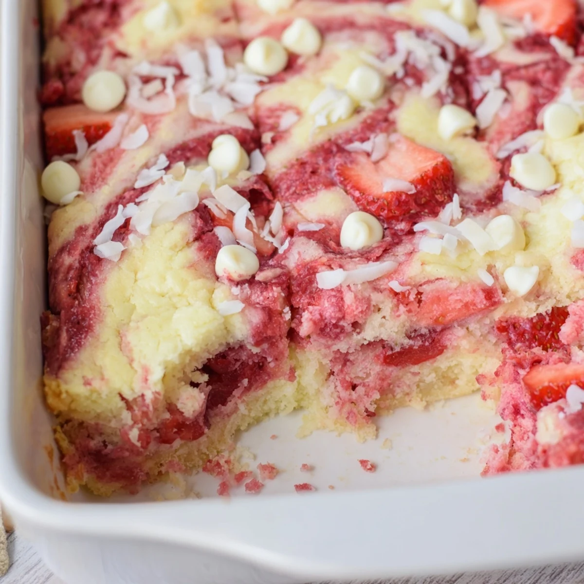 Sliced strawberry earthquake cake revealing cracked interior of white chocolate chips, coconut, and creamy strawberry swirls