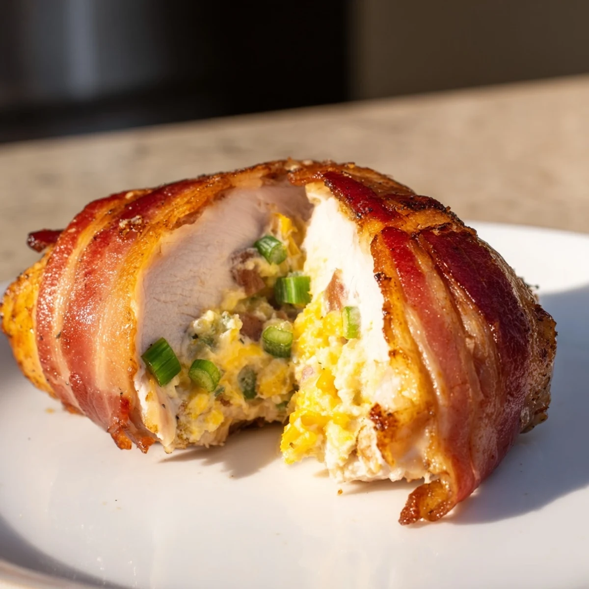 Crispy bacon-wrapped chicken breasts stuffed with spicy jalapeño cheese filling on a white baking sheet