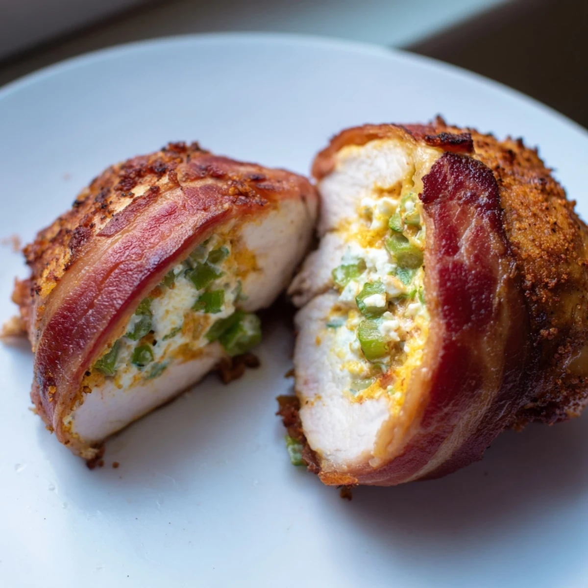 Juicy oven baked chicken breasts wrapped in bacon and filled with creamy jalapeño pepper cheese mixture
