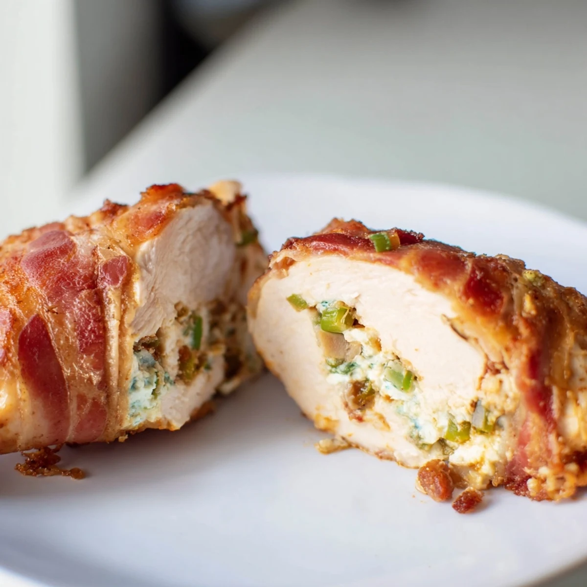 Golden brown bacon-wrapped jalapeño popper chicken served with roasted vegetables for a hearty low carb dinner