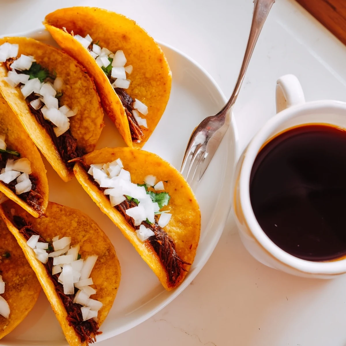 Pan-fried super crispy birria tacos served with warm consommé for rich dipping