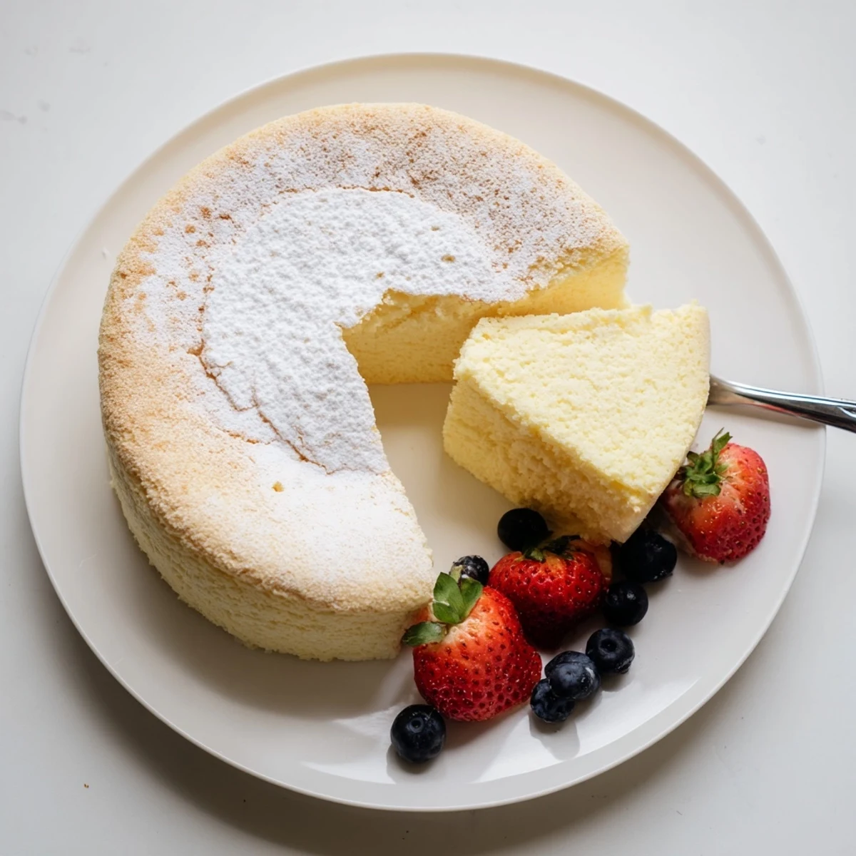 Golden fluffy Japanese cheesecake with airy soufflé texture and powdered sugar dusting