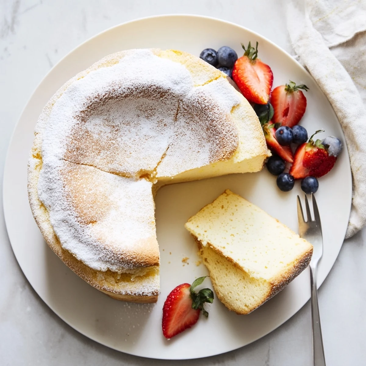 Slice of cloudlike Japanese cheesecake served with fresh berries on white plate