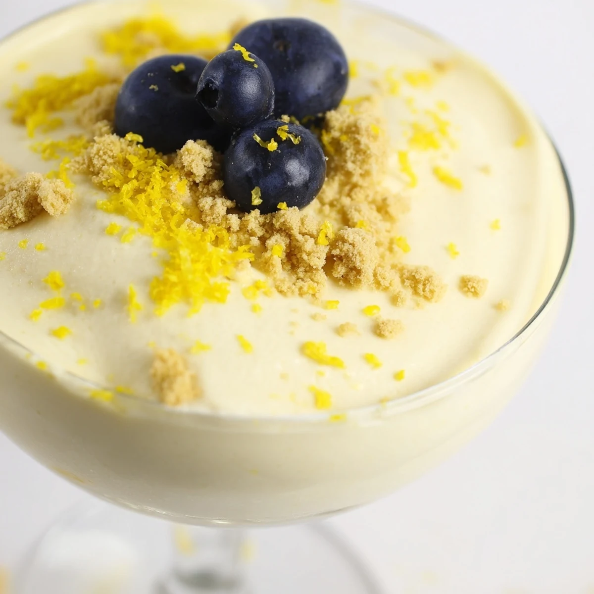 Light and fluffy lemon cheesecake mousse with golden graham cracker crumbs and citrus garnish