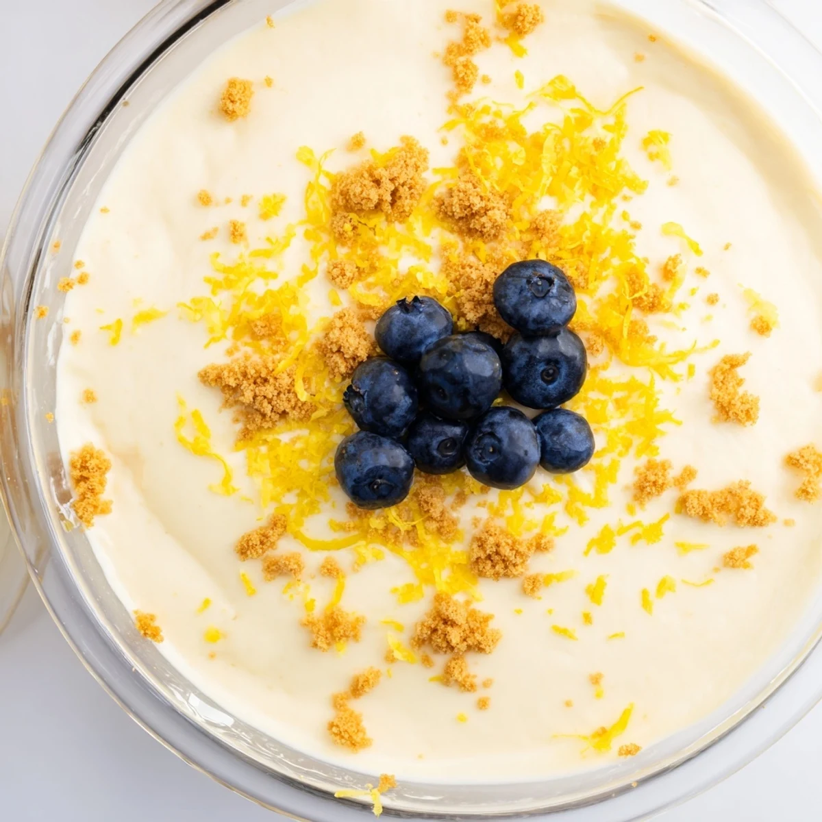 Creamy lemon cheesecake mousse topped with fresh berries and zest in clear glass serving bowls