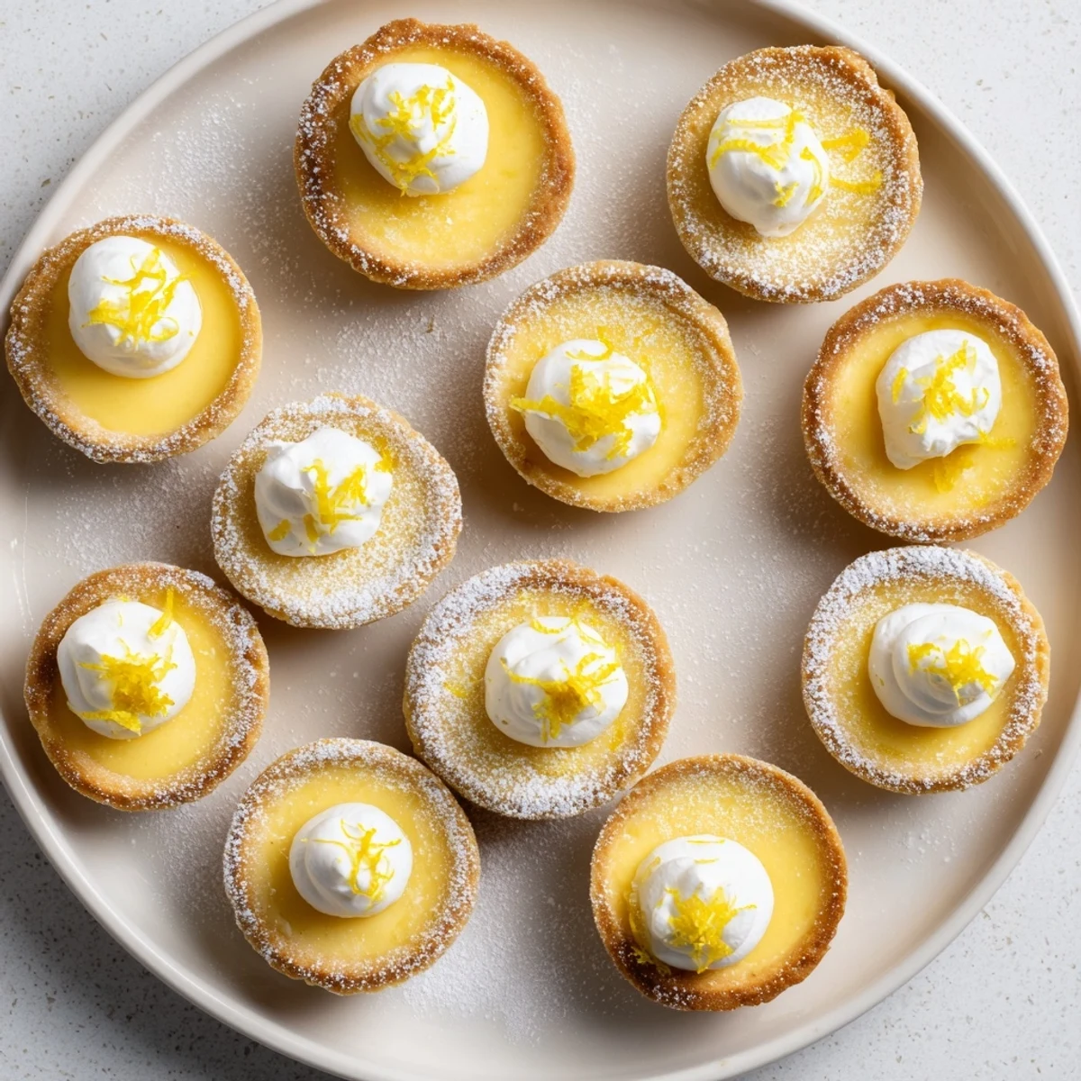 Golden mini vegan lemon tarts with smooth citrus filling in flaky pastry shells
