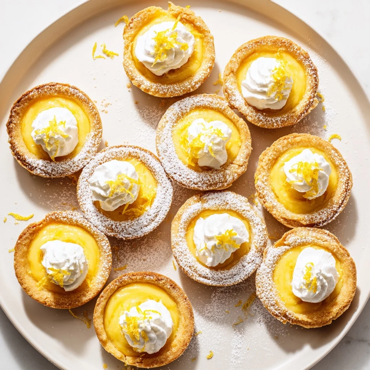 Bite-sized vegan lemon tarts topped with fresh zest on a serving platter