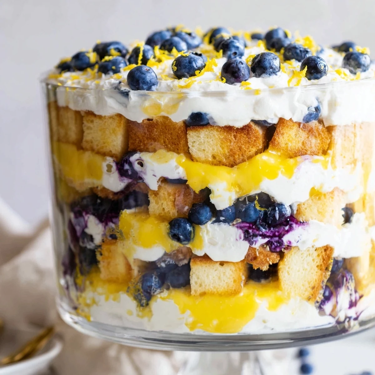 Tall clear dessert dish showcasing alternating layers of zesty lemon cream and plump blueberries with whipped topping