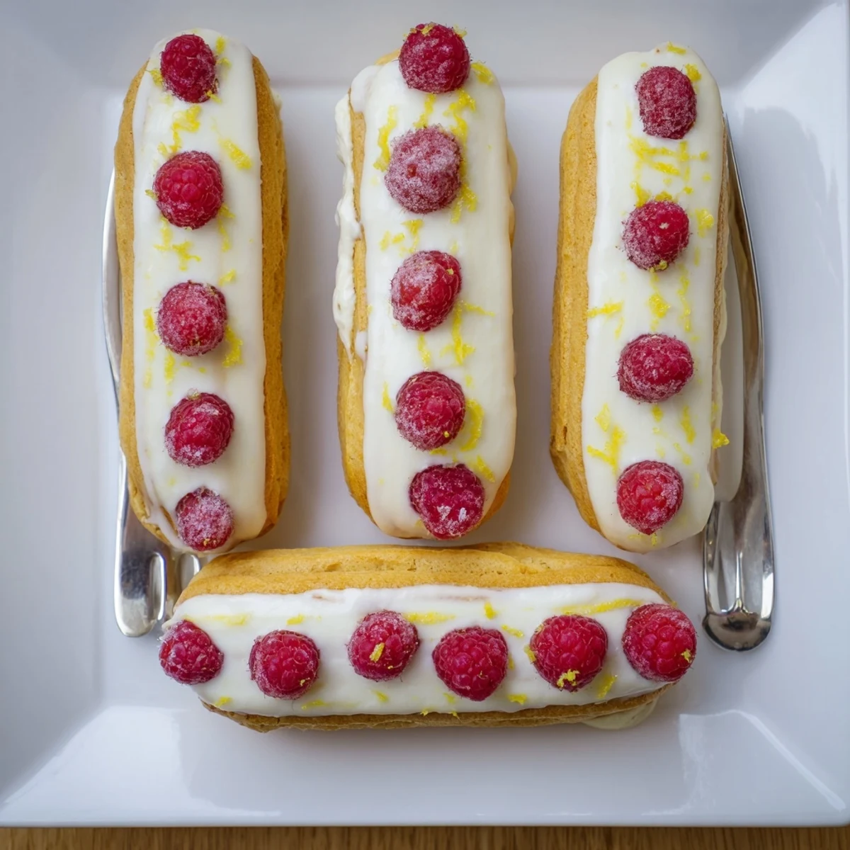 Close-up of lemon raspberry éclairs cut in half revealing fluffy cream filling with bright red raspberry accents