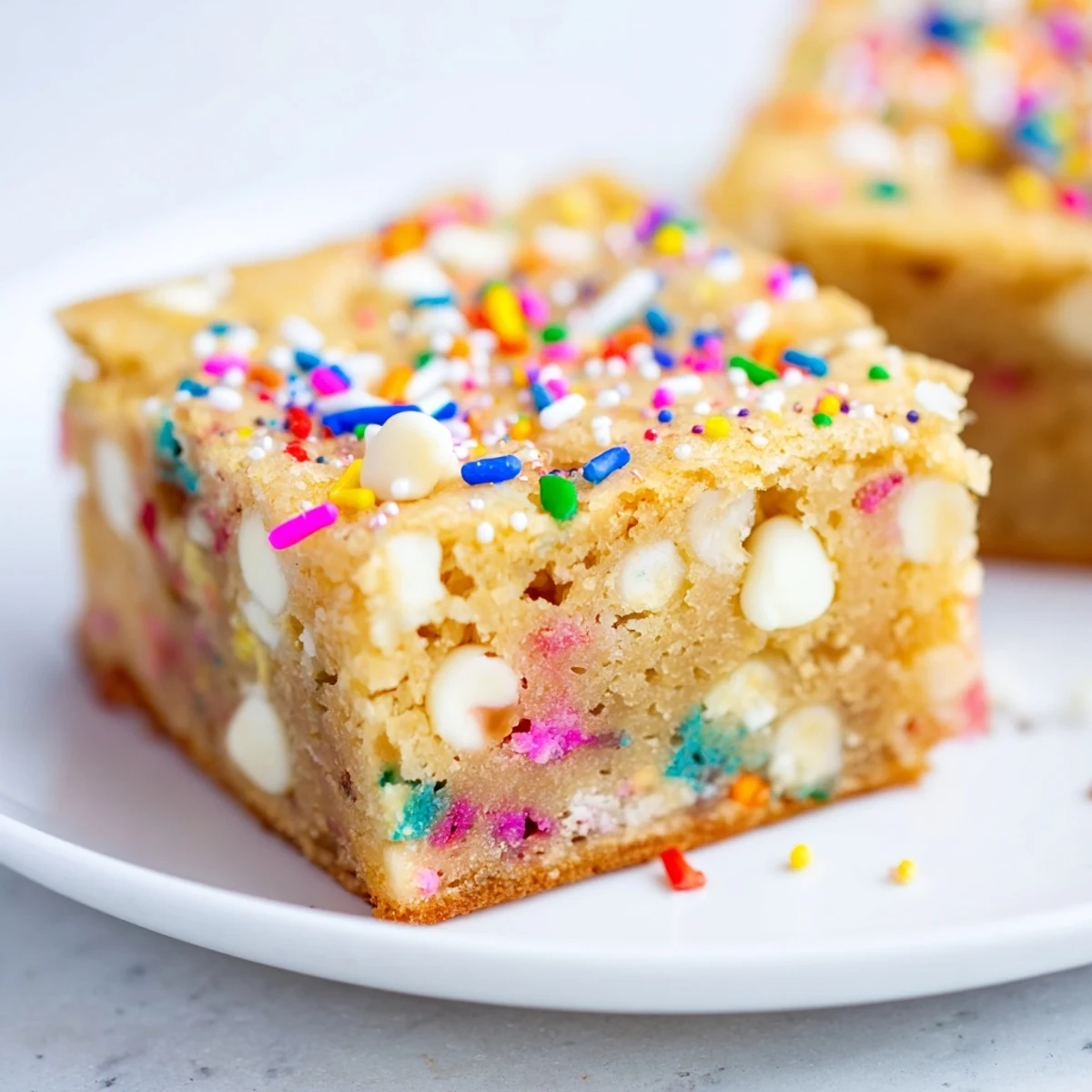 Golden spring funfetti blondies topped with rainbow sprinkles on a white plate