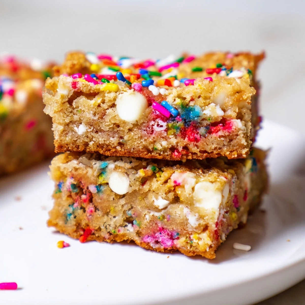 Festive spring funfetti blondies with white chocolate chips and vibrant sprinkles