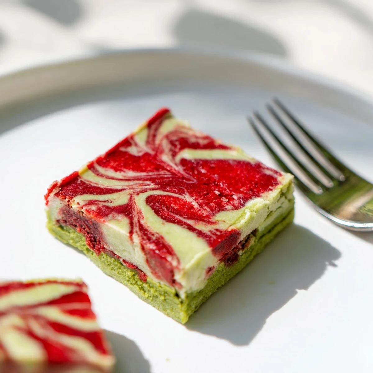 Sliced matcha strawberry cream bars showcasing green tea crust and red berry marbled layer