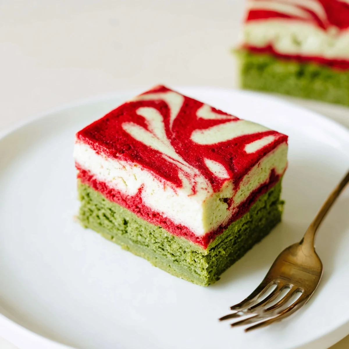 Fusion dessert of matcha strawberry cream bars with delicate shortbread base and fruity swirl