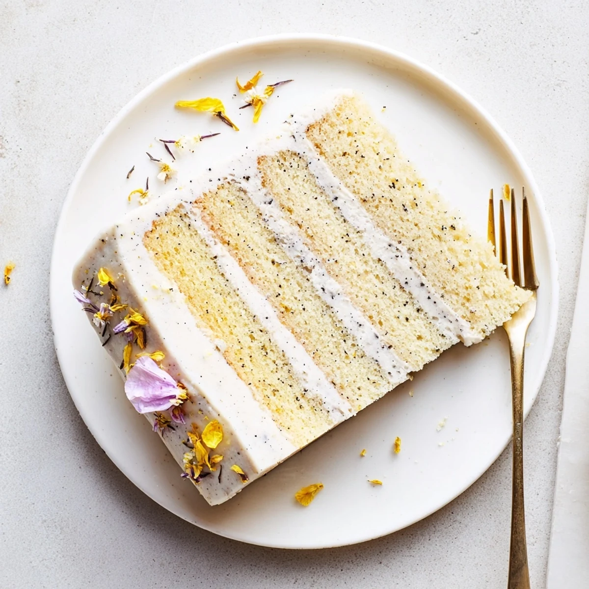 London Fog cake slice revealing Earl Grey-infused layers with creamy vanilla bean frosting