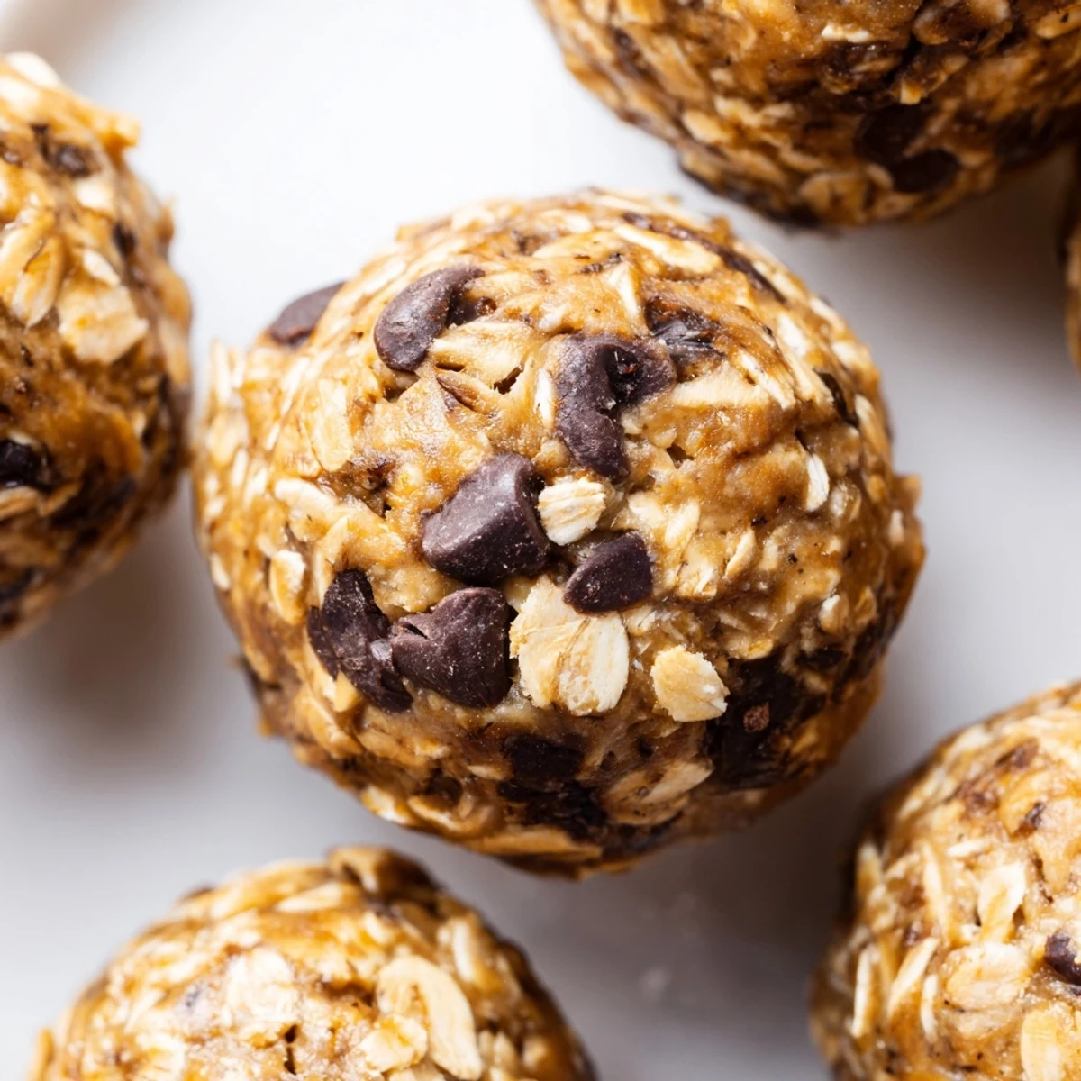 Dark chocolate no bake peanut butter protein balls topped with oat flakes