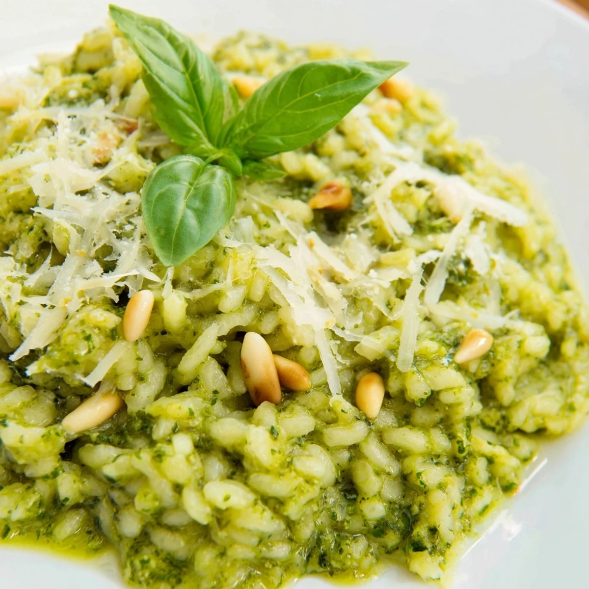 Creamy Parmesan pesto risotto plated in white bowl with fresh basil garnish