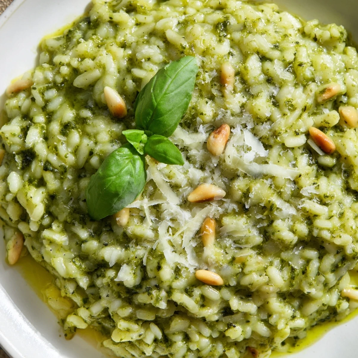 Close-up of Parmesan pesto risotto with green pesto swirls and grated cheese topping