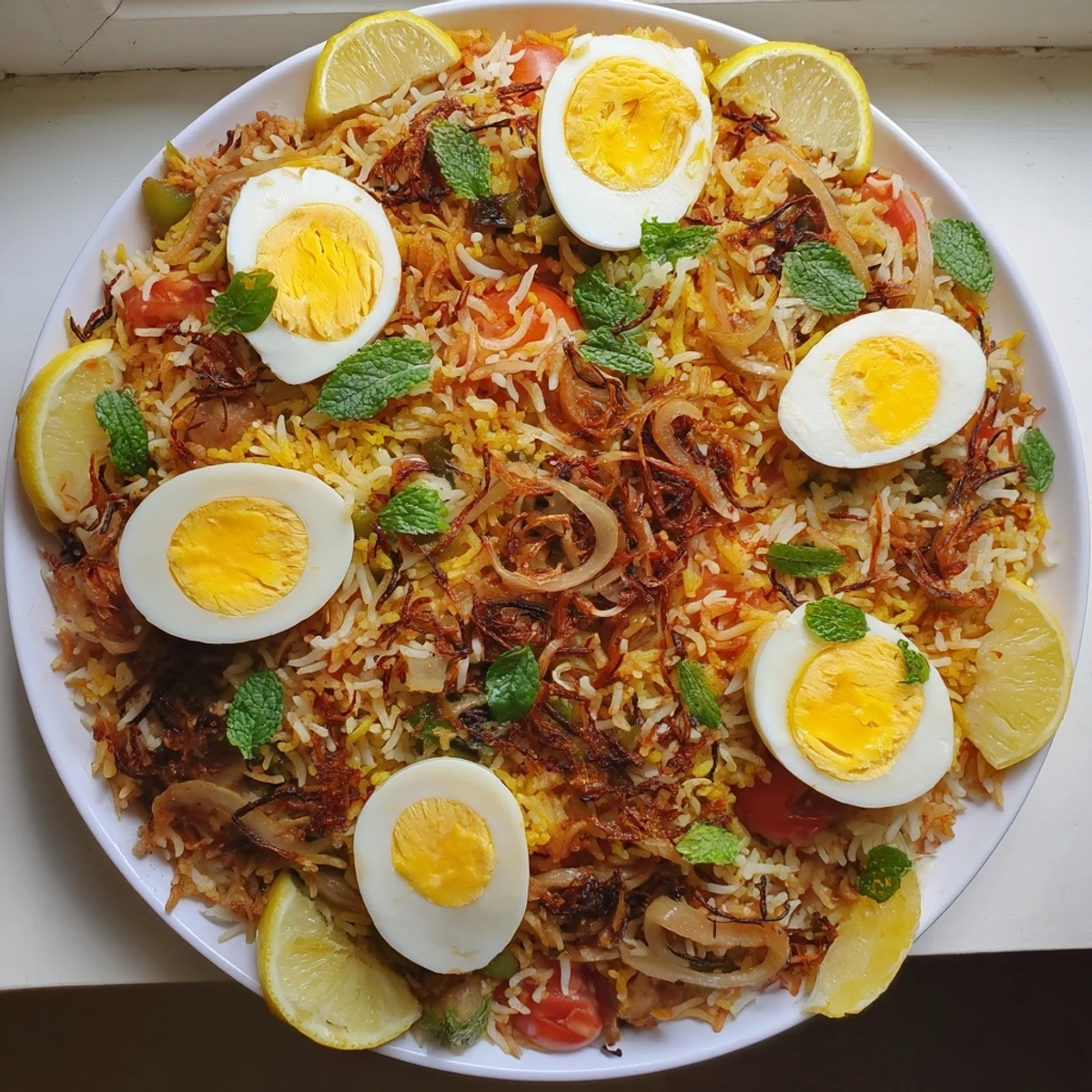 Golden tomato and ginger biryani topped with halved eggs and fresh herbs
