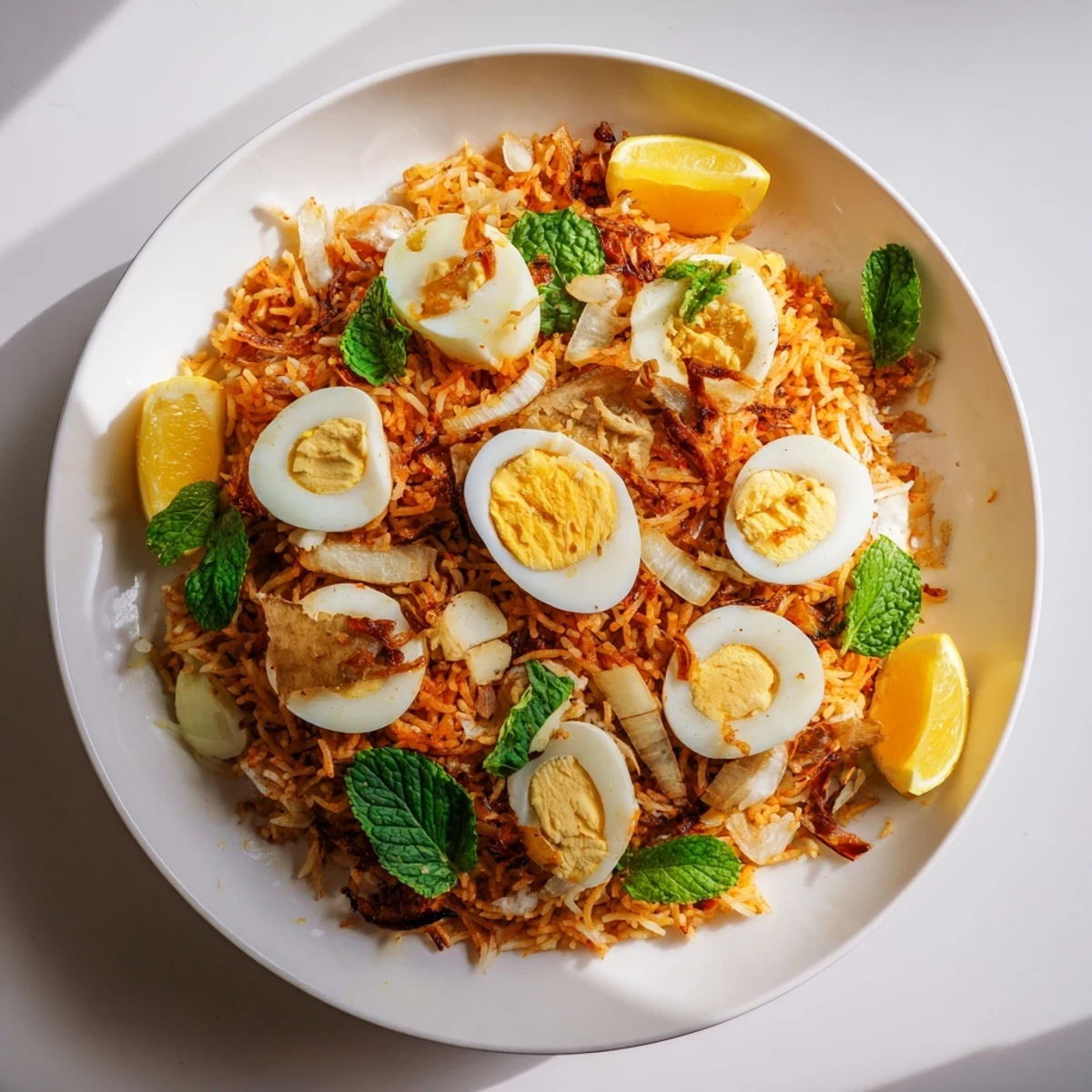 Colorful plate of tomato ginger biryani garnished with mint, cilantro, and eggs