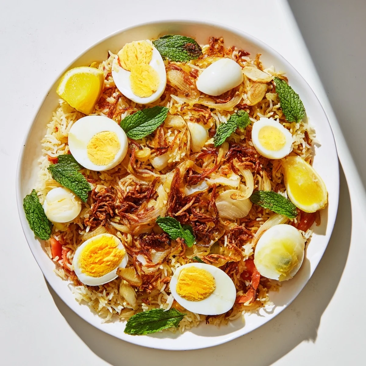 Fragrant basmati rice layered with spiced tomatoes, ginger, and perfectly boiled eggs