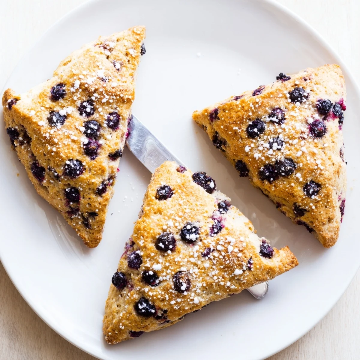 Golden Vietnamese cinnamon blueberry scones sprinkled with coarse sugar on a white baking sheet