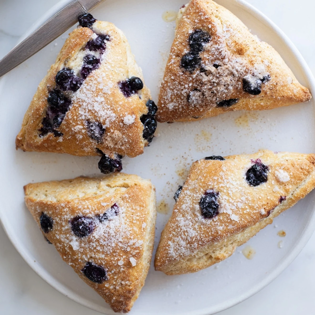 Tender Vietnamese cinnamon blueberry scones with golden tops and fresh berries peeking through the crumb