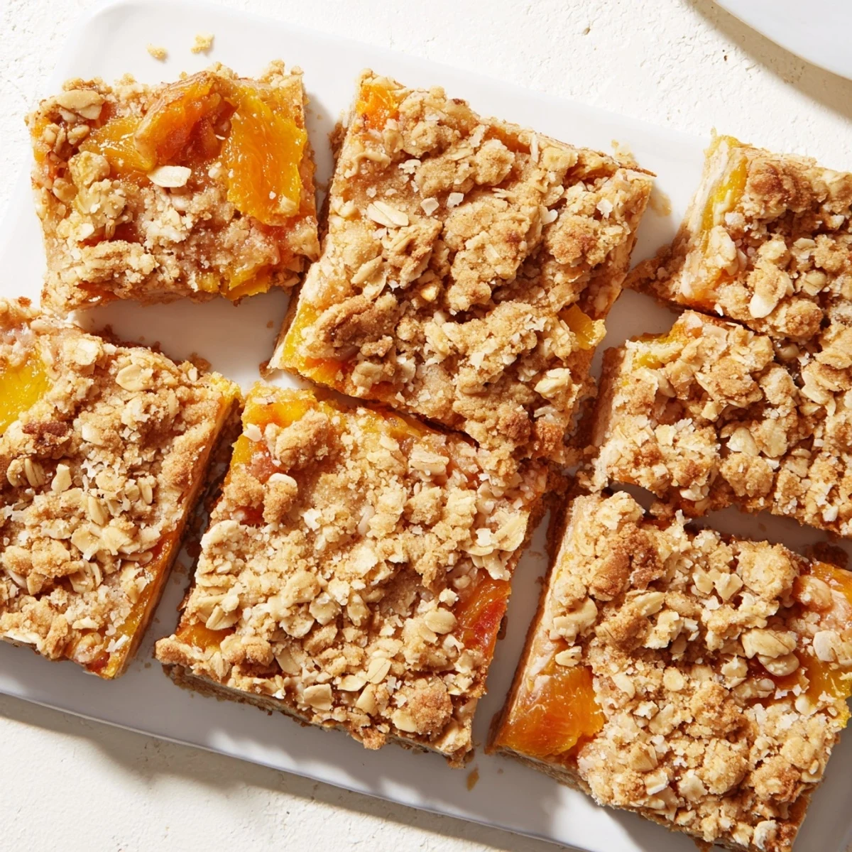 Golden gluten-free oatmeal apricot bars with chewy fruit filling and crumbly oat topping