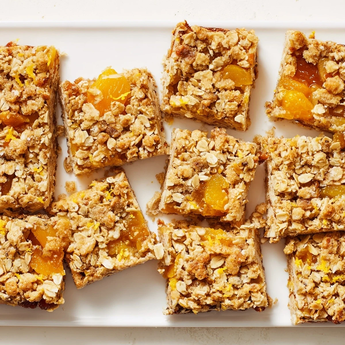 Baked gluten-free oatmeal apricot bars showing golden crust and sweet apricot layer inside
