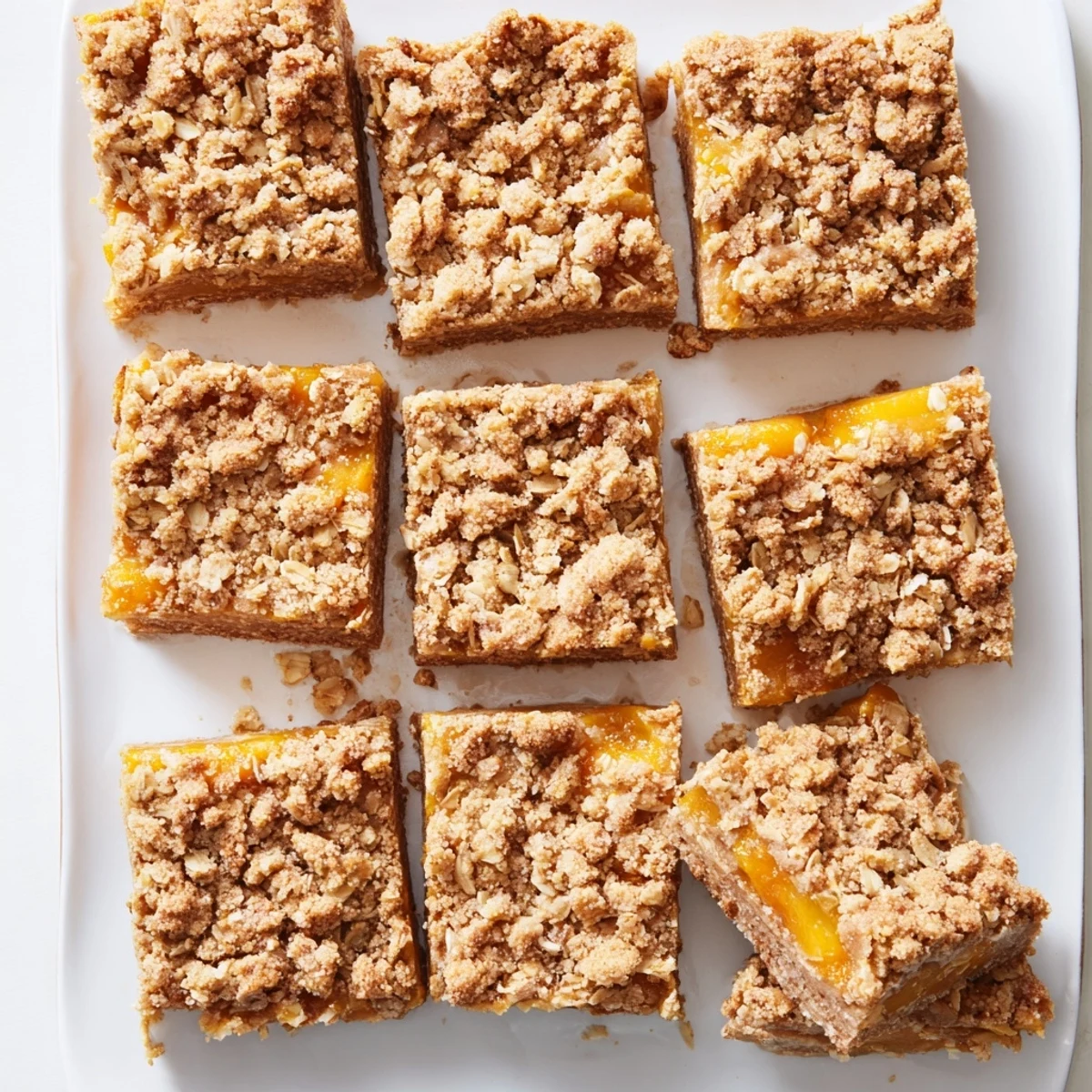 Homemade gluten-free oatmeal apricot bars sliced into squares on a wooden cutting board