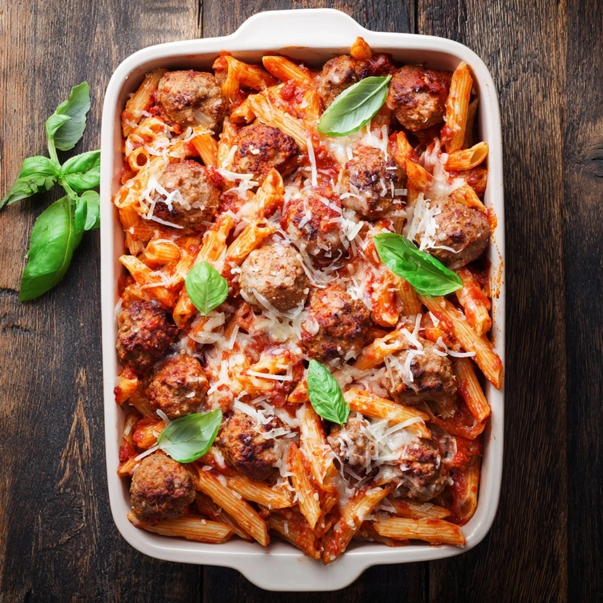 Golden Italian meatball pasta bake with melted mozzarella and bubbling tomato sauce in a baking dish