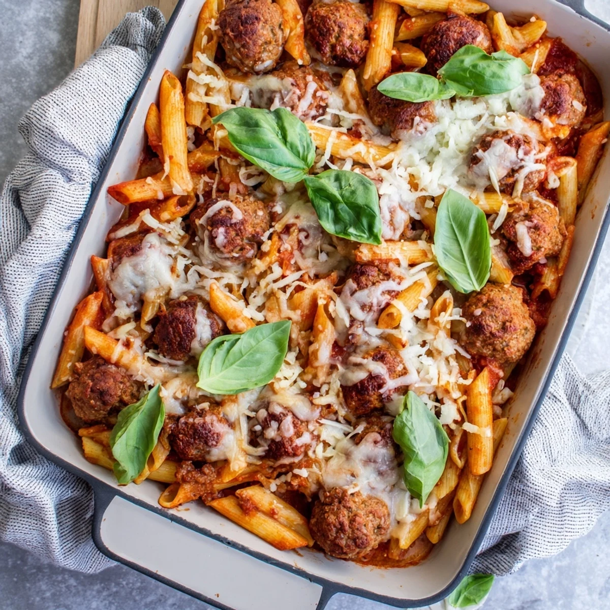 Comforting Italian meatball pasta bake fresh from the oven with crispy cheese topping and fresh basil garnish