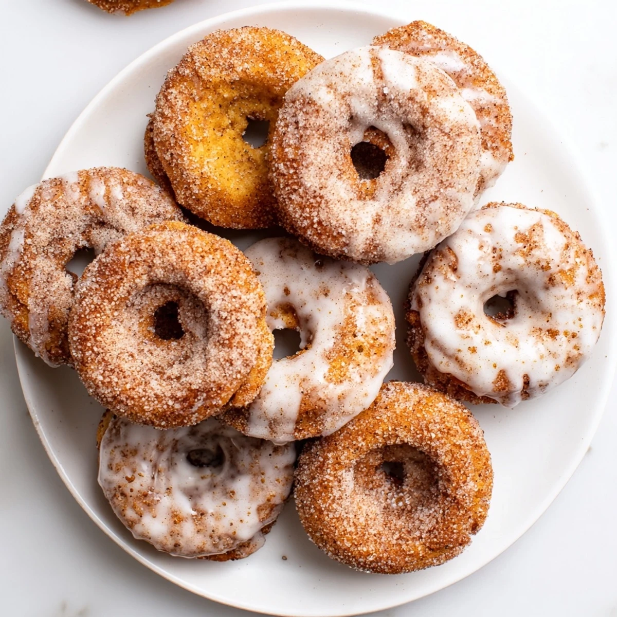 Soft pumpkin spice biscuit donuts freshly fried and tossed in cinnamon sugar with optional white glaze topping