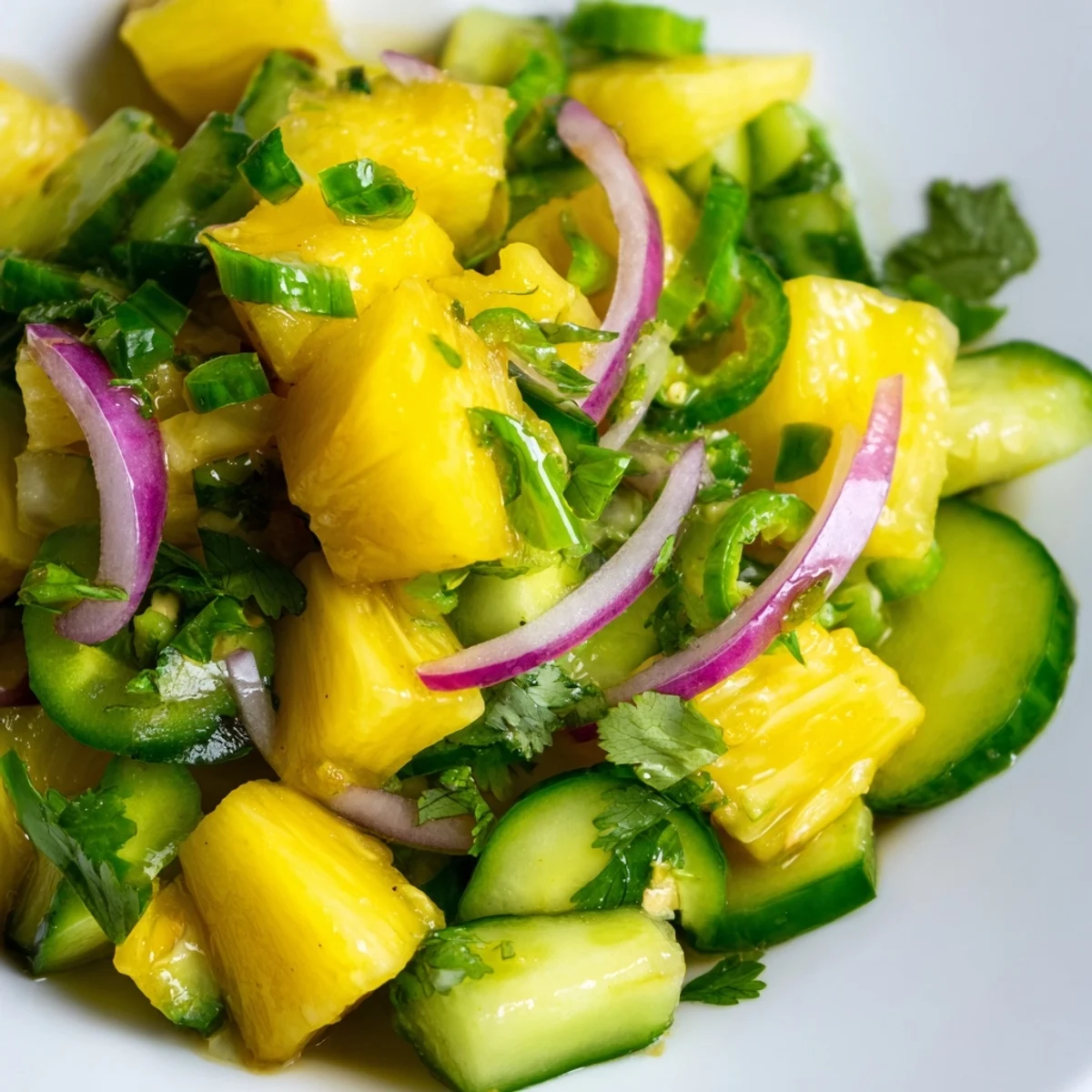 Fresh pineapple cucumber salad featuring juicy yellow chunks and crisp green pieces tossed in tangy lime dressing