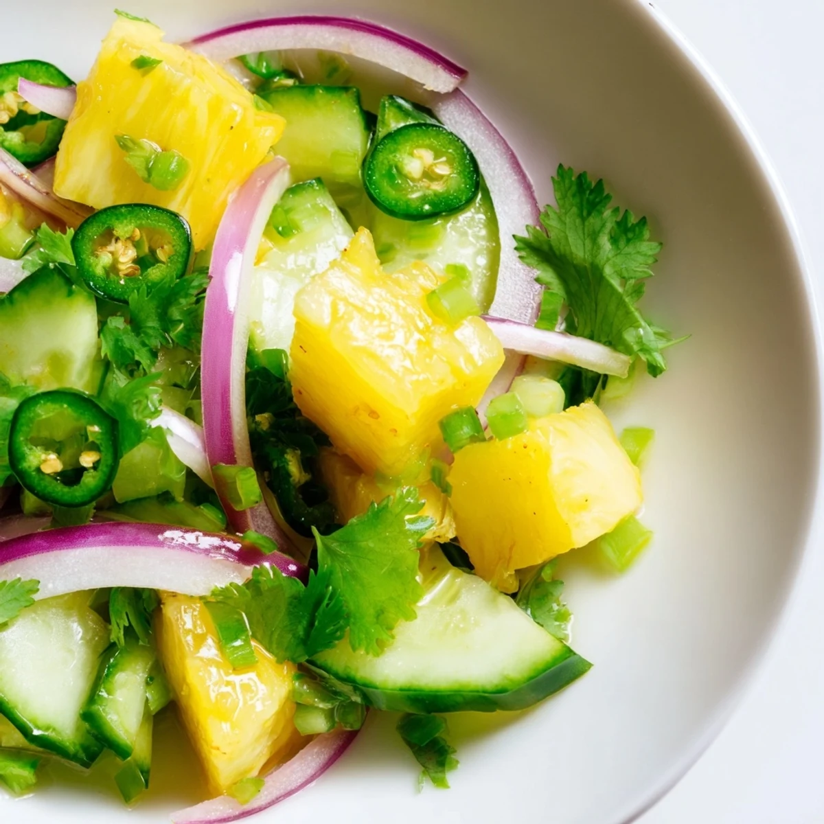 Colorful bowl of pineapple cucumber salad with red onion slices and fresh cilantro drizzled with zesty vinaigrette