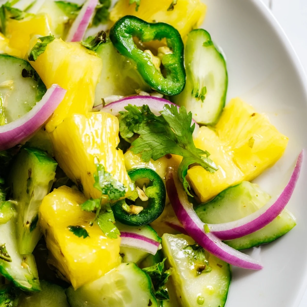 Vibrant summer pineapple cucumber salad displaying diced fruit and vegetables glistening with light citrus dressing