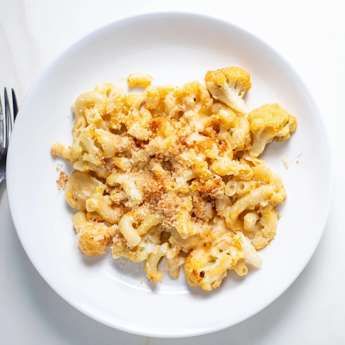 Creamy cauliflower mac and cheese baked until golden with a crispy breadcrumb topping
