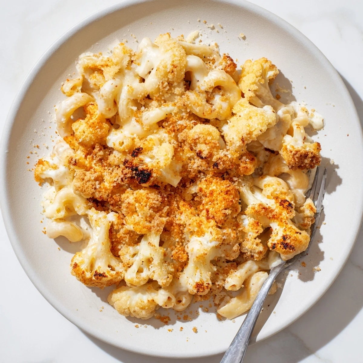 Baked cauliflower mac and cheese pasta dish with tender florets in rich cheddar sauce