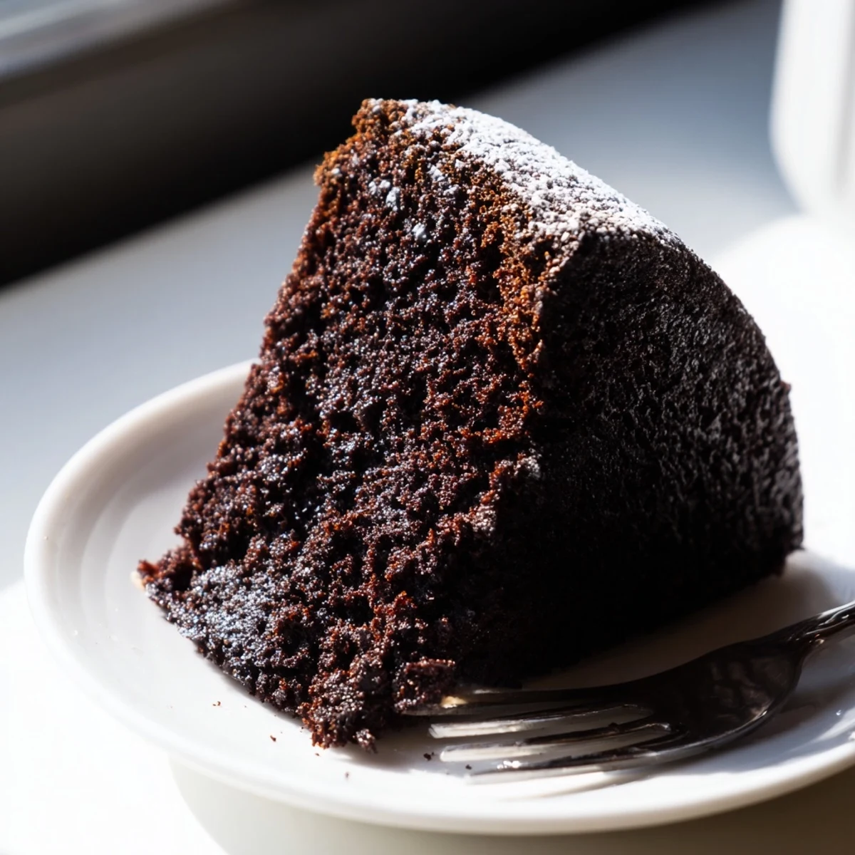 Air fryer baked chocolate stout cake topped with whipped cream and chocolate ganache