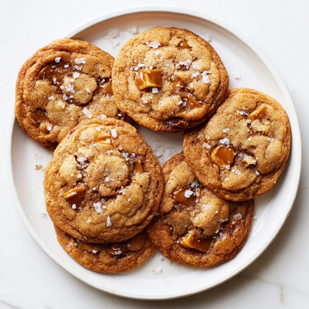 Golden brown sea salt caramel cookies with melted caramel bits and flaky salt topping