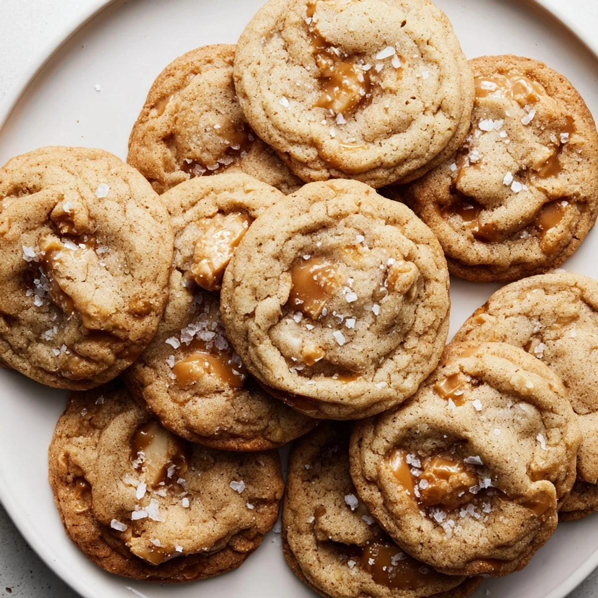 Chewy buttery sea salt caramel cookies fresh from oven on cooling rack