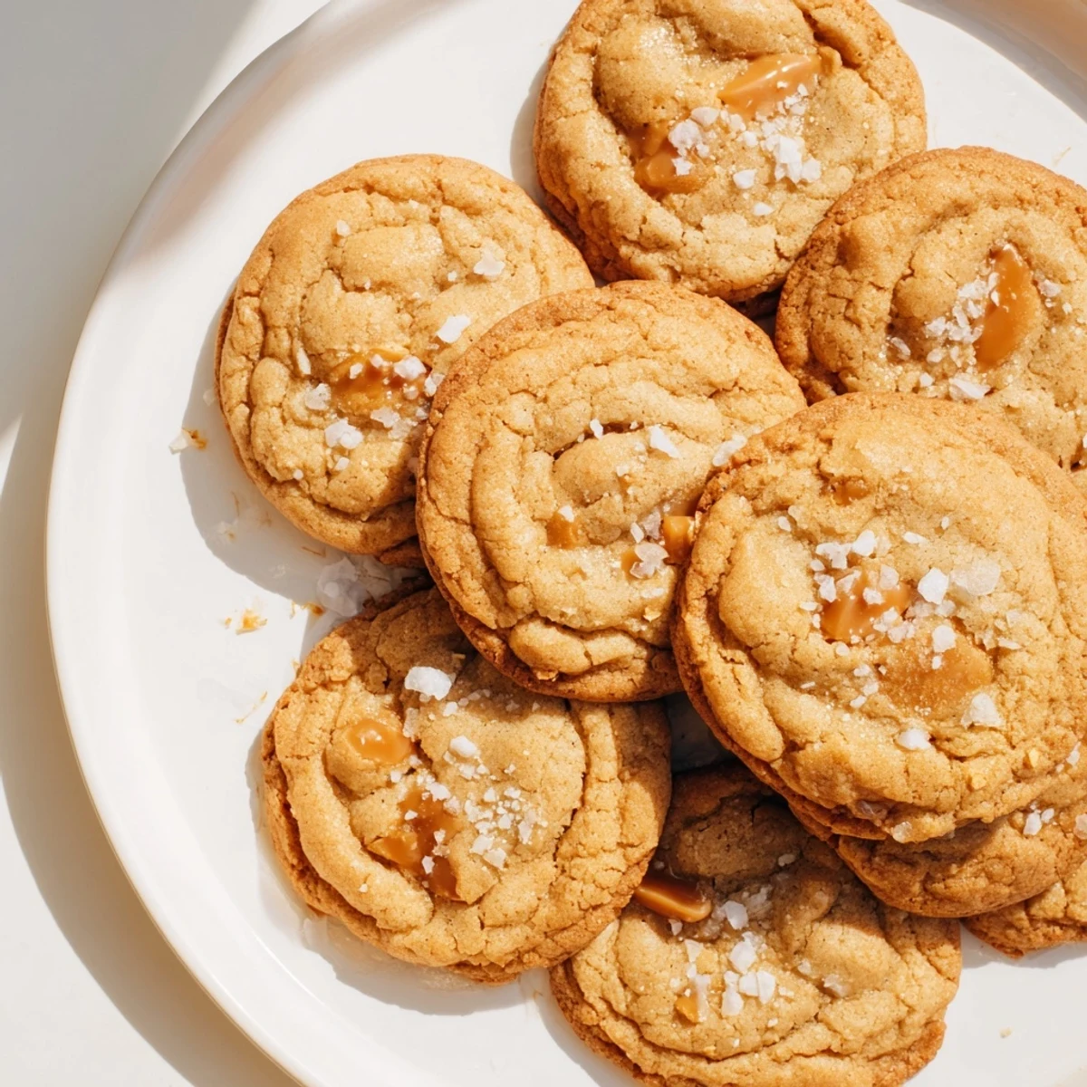 Stack of homemade sea salt caramel cookies with gooey caramel centers visible