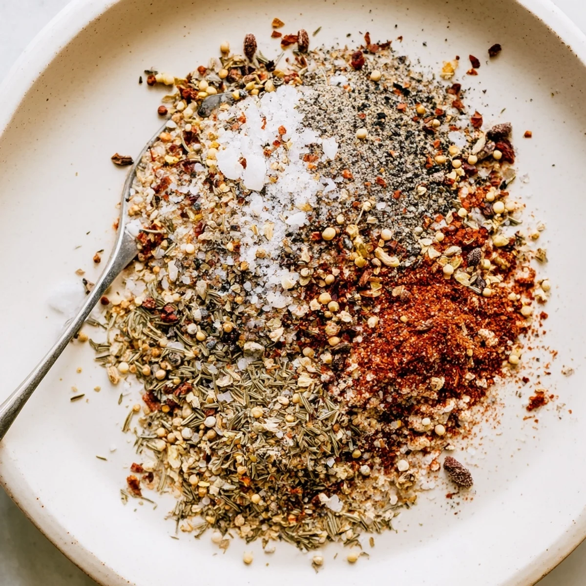 Rustic wooden table displaying copycat Montreal steak seasoning with whole coriander and dill seeds
