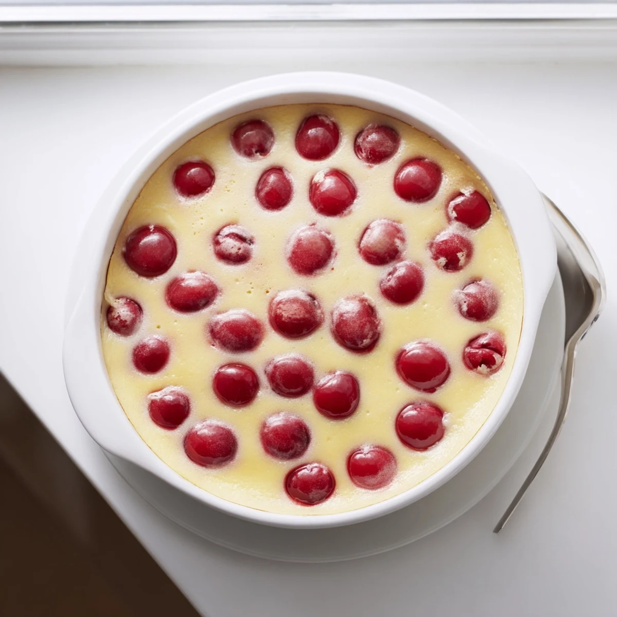 Creamy cherry custard dessert with juicy baked cherries in a golden set custard
