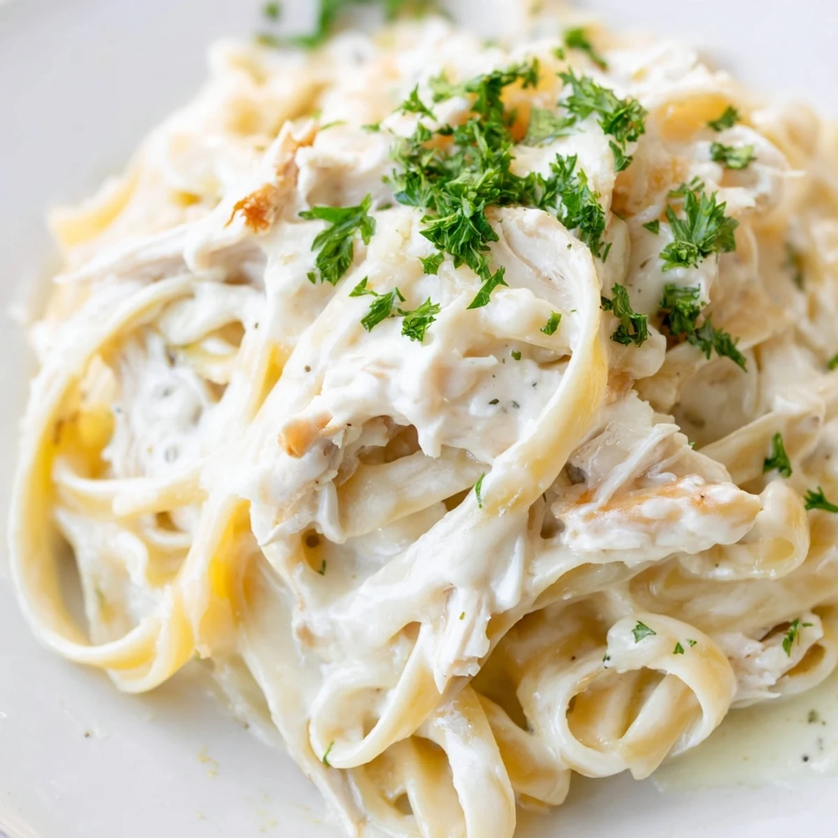 Creamy Crock Pot Chicken Alfredo with tender shredded fettuccine pasta in rich white sauce