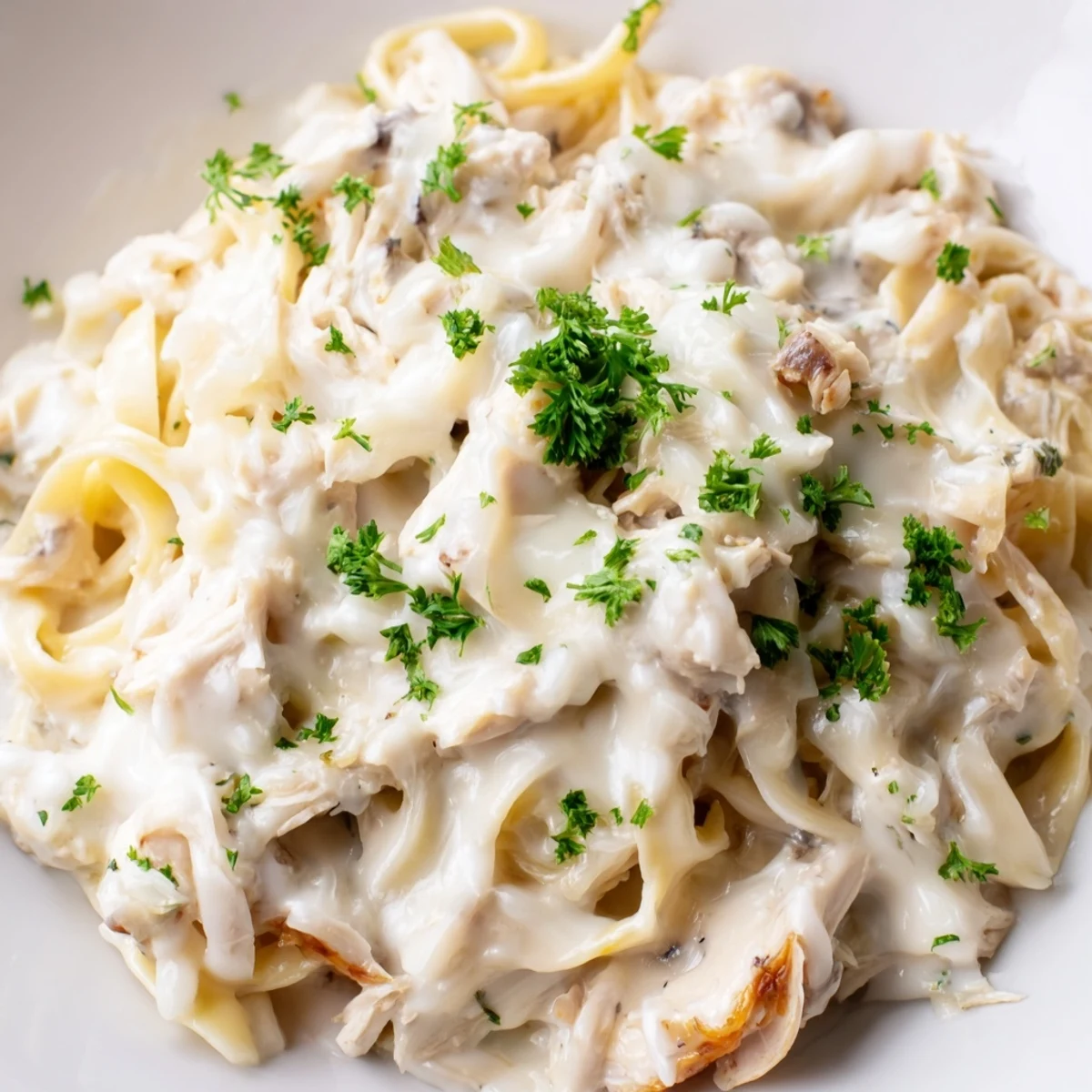 Savory chicken Alfredo bubbling in crock pot with perfectly cooked fettuccine noodles