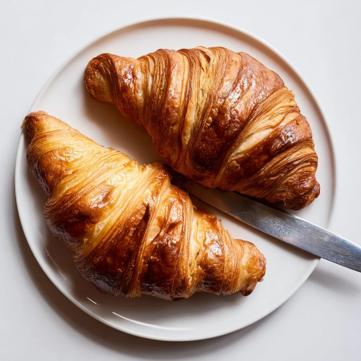 Golden homemade air fryer croissants with flaky layers and buttery, golden-brown pastry exterior