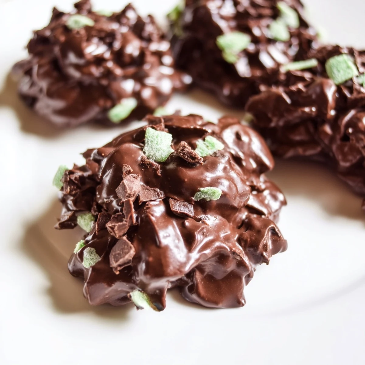 Dark chocolate and mint chip clouds meringue cookies with glossy peaks and scattered chocolate chunks