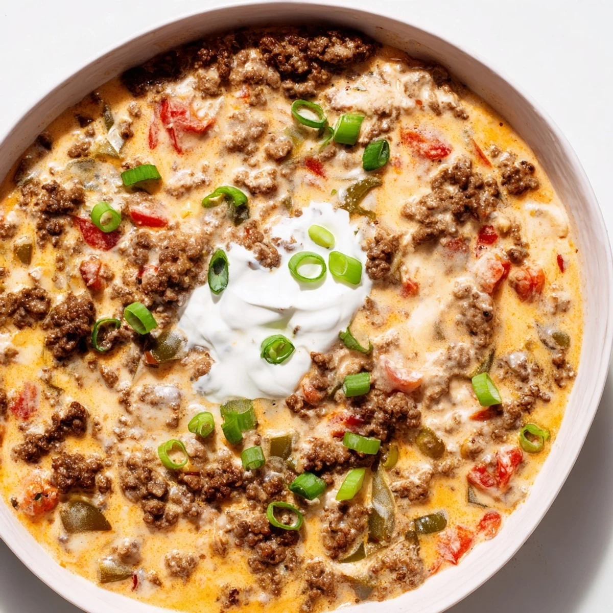 Creamy Rotel dip with seasoned ground beef melting into smooth cheese and tangy sour cream
